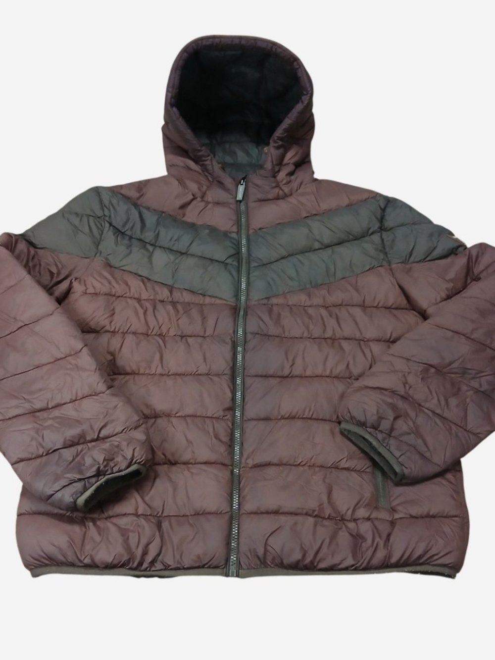 Guess Men's Quilted Hooded Puffer Jacket - Brown with Gray Chevron